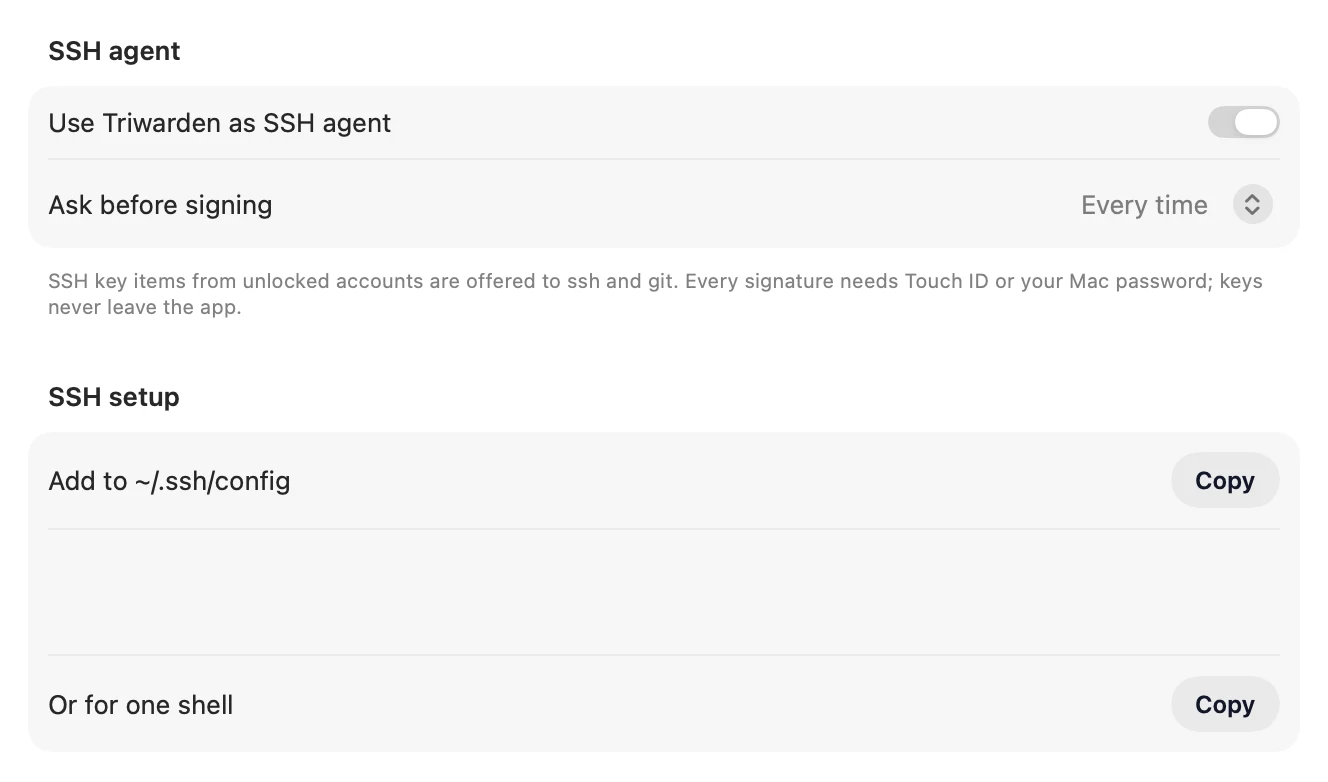 Triwarden Settings › Developer: Use Triwarden as SSH agent, Ask before signing, and SSH setup with Copy buttons