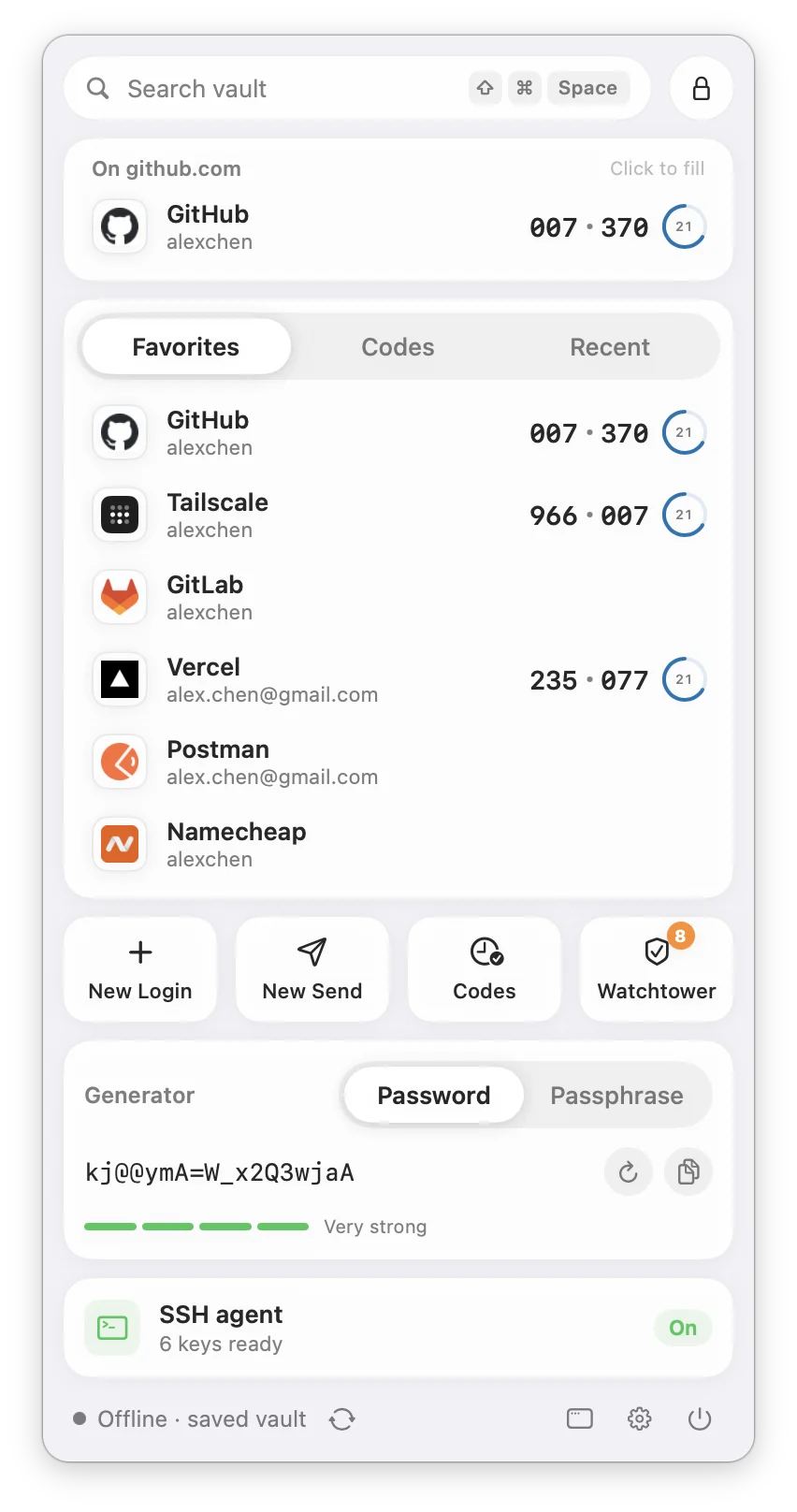 The menu bar panel: the page’s login, favorites with live codes, quick actions and the generator