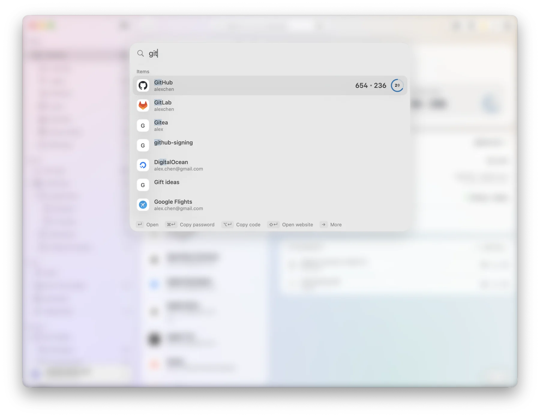 The command palette over the vault, searching “git”: GitHub first with its live code, then GitLab, Gitea and more