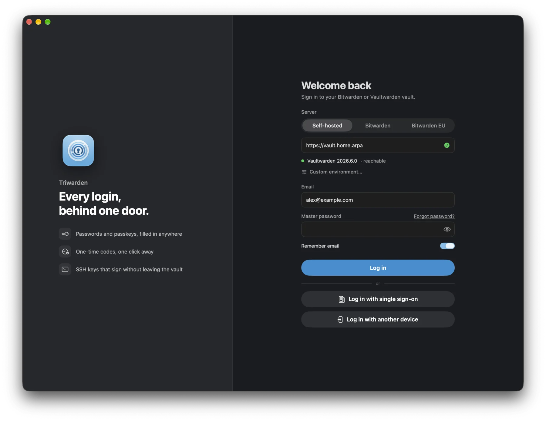 Signing in to a self-hosted Vaultwarden server