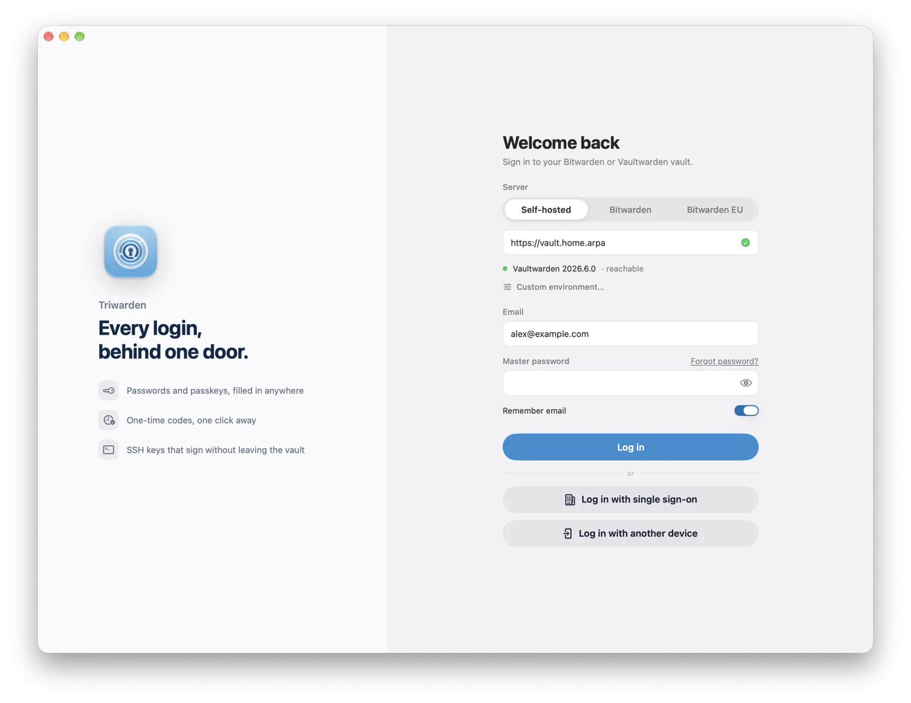 Signing in to a self-hosted Vaultwarden server