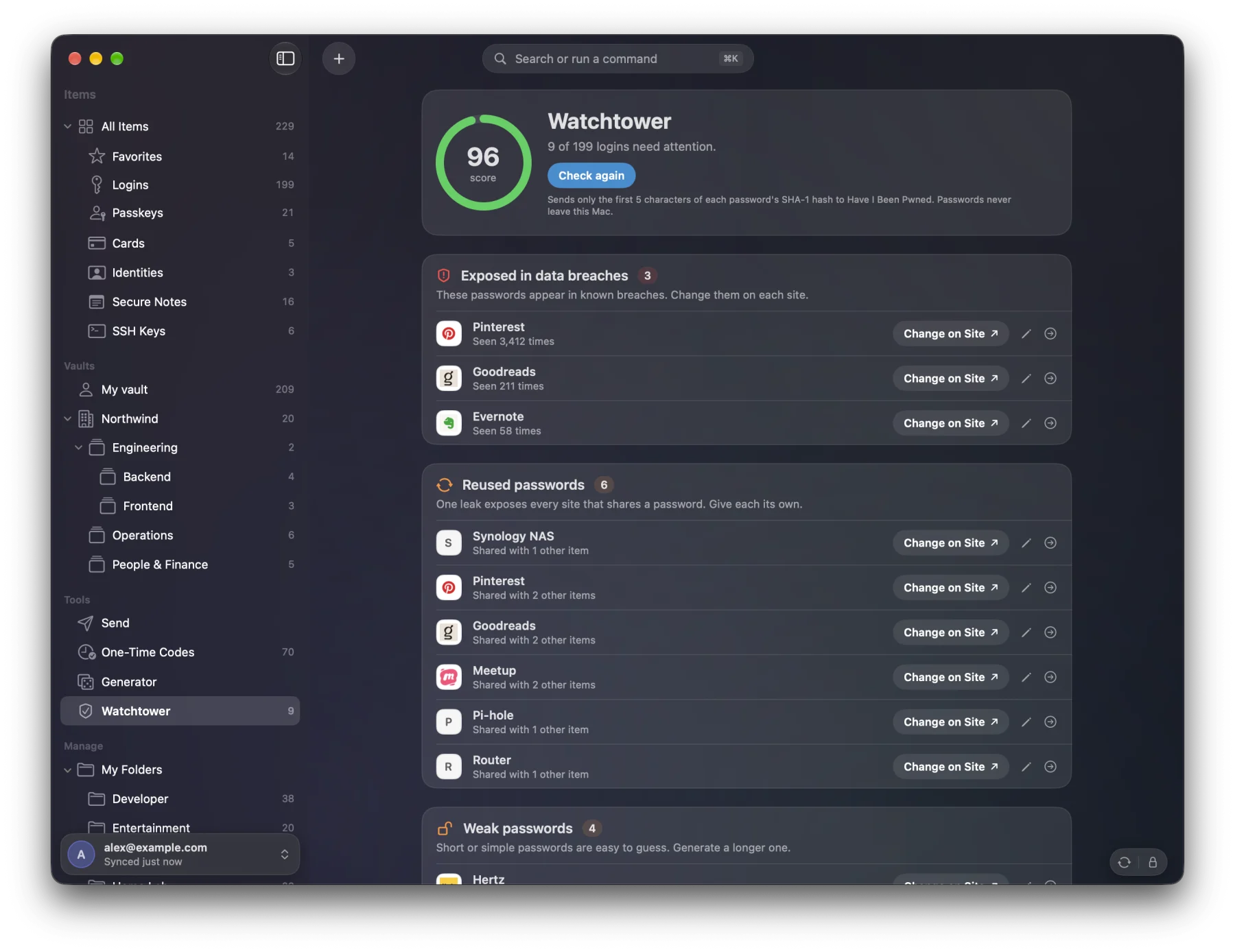 Watchtower: a score, the logins exposed in breaches and the reused passwords, each with Change on Site