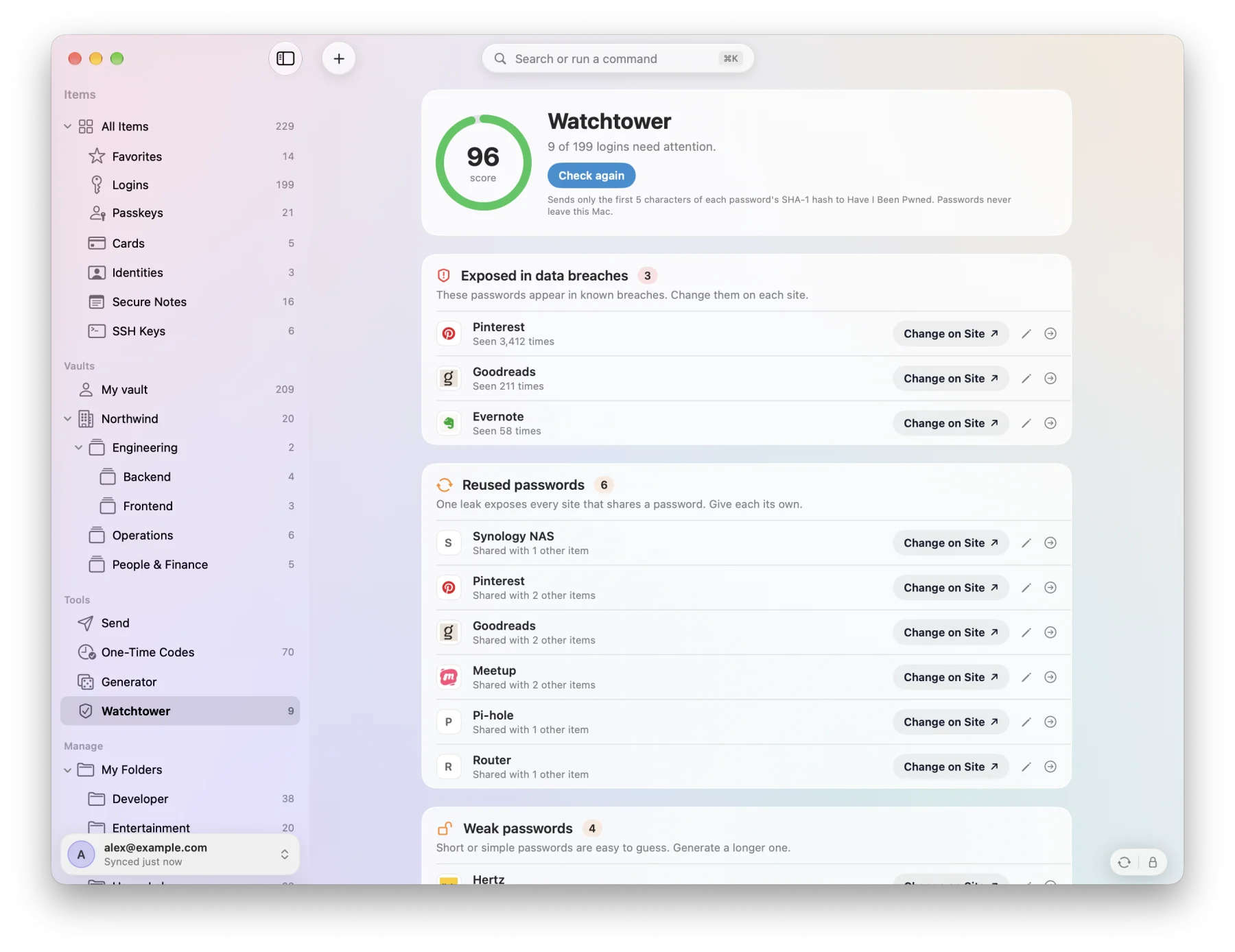 Watchtower: a score, the logins exposed in breaches and the reused passwords, each with Change on Site